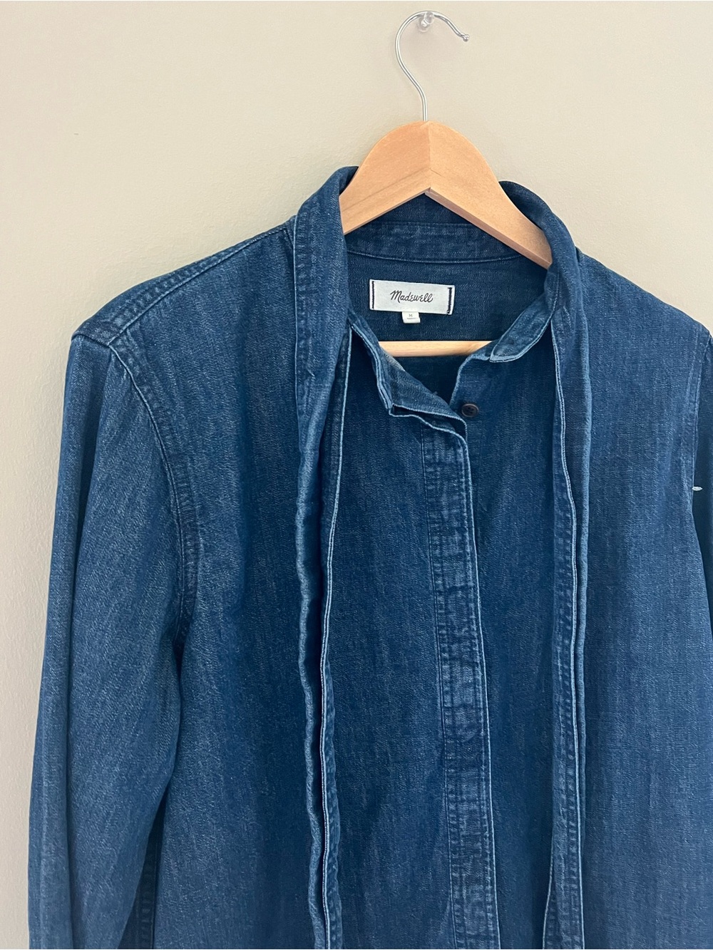 Madewell Tie-Neck Chambray Denim Button-Down Shirt Blouse Medium Blue Stretch - Picture 5 of 14
